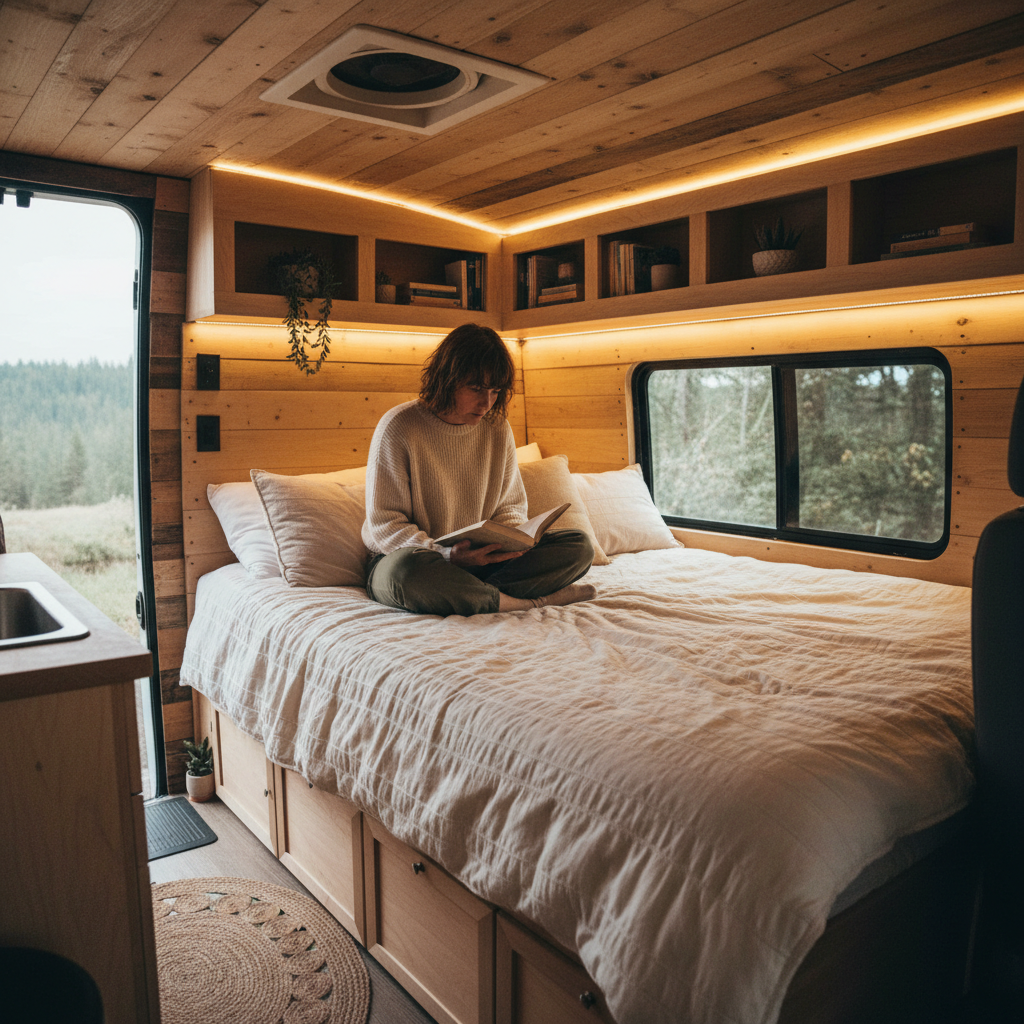 Space-Saving Headboard Ideas for a Camper Van Bed